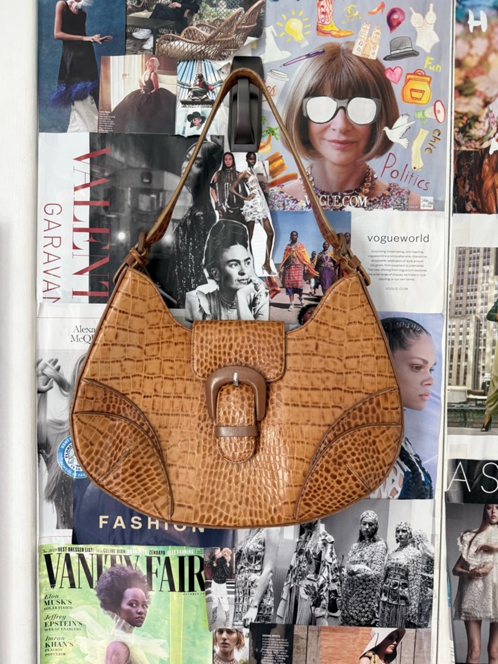 ANTONIO MELANI Cognac Croc-Embossed Shoulder Bag with Buckle Detail